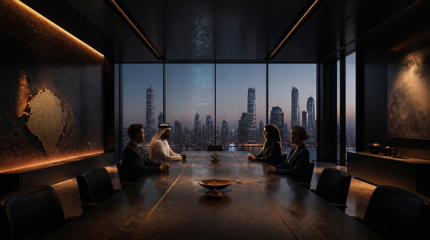 Sovereign boardroom overlooking a futuristic Gulf skyline at dusk, four executives seated at the table